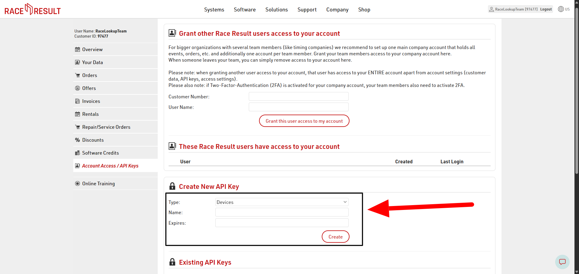 API Keys Page and Create Form